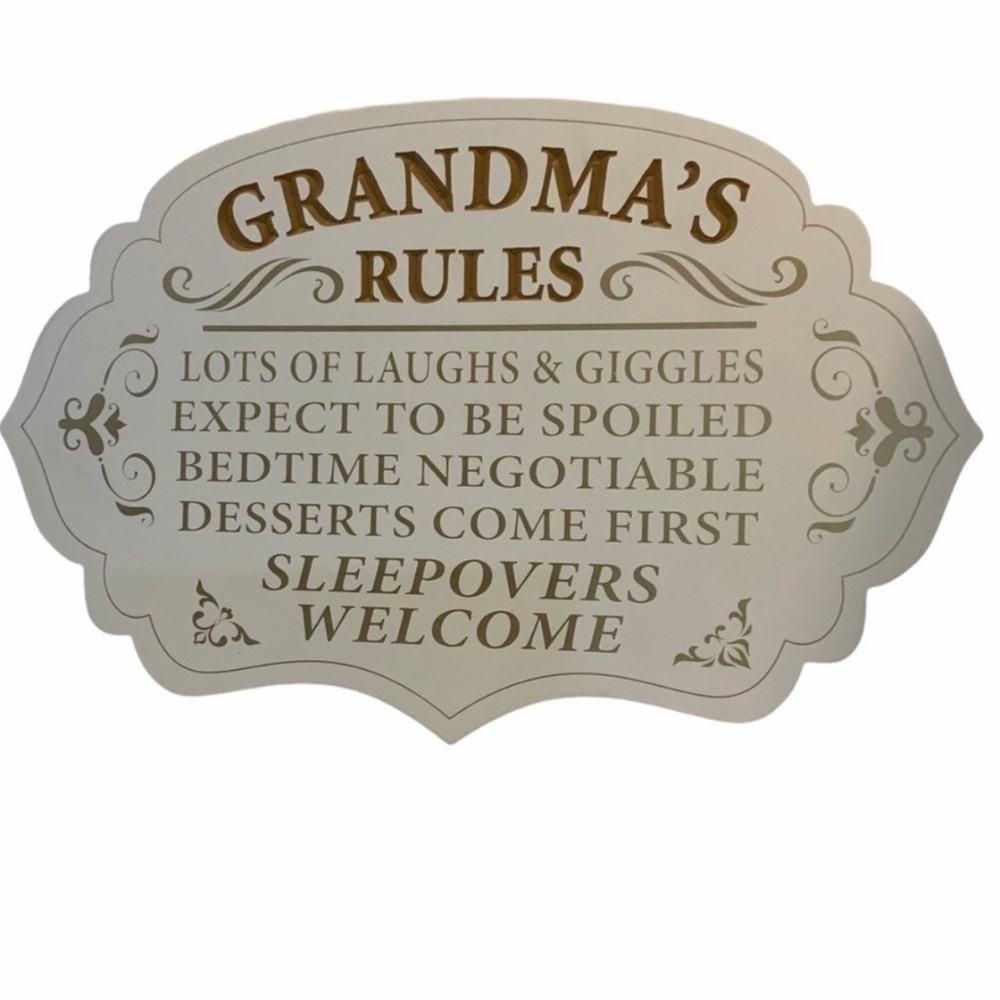 GRANDMA’S RULES Wall Sign Decor Rectangle Large White Gold 20 in X 13 in - Picture 1 of 3